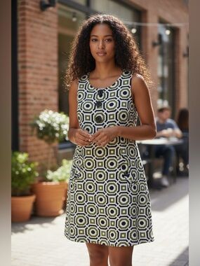 Willi Smith 100% Linen
Geometric Shell Print
Sleeveless Shift Dress Size M